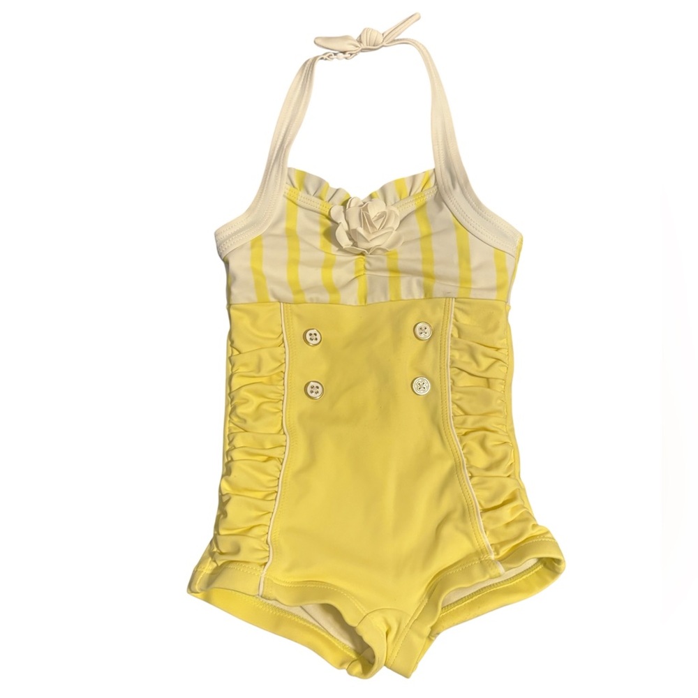 Yellow Retro Sailor One Piece Swimsuit 2T | Girls Ruffle Nautical Swim